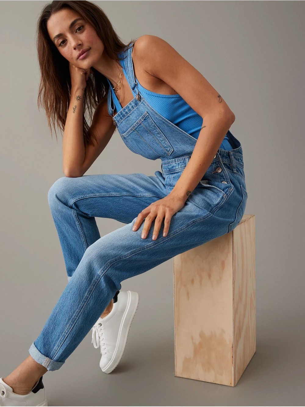 American Eagle Real Good Denim Overalls Light Wash Tomgirl Straight Leg L